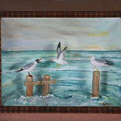 Folk Art Diorama of Seagulls on Pilings