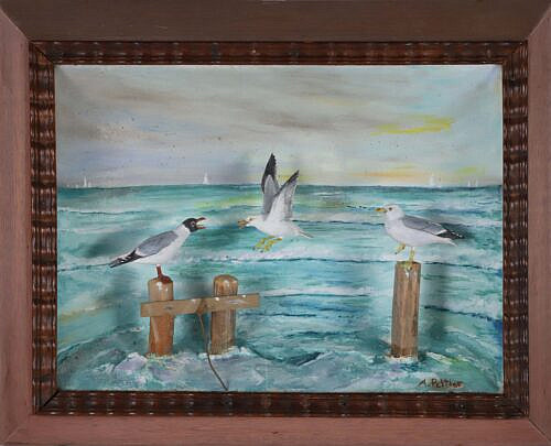 Folk Art Diorama of Seagulls on Pilings