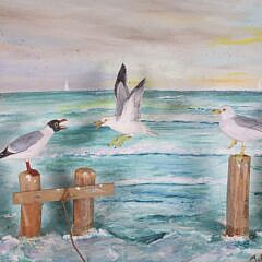 Folk Art Diorama of Seagulls on Pilings
