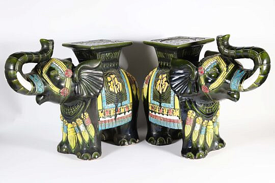 Pair of Decorative Ceramic and Glazed Elephant Garden Stools