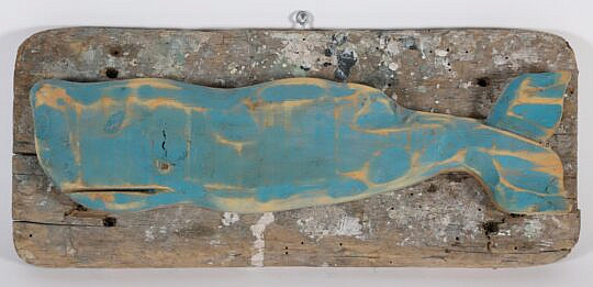 Contemporary Carved and Painted Half Body Sperm Whale on Plank by John Gibson