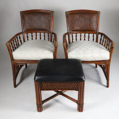 Pair of Mitchell Gold and Bob Williams Rattan Armchairs and Ottoman