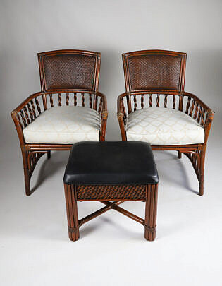 Pair of Mitchell Gold and Bob Williams Rattan Armchairs and Ottoman