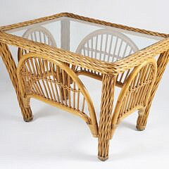 Maguire or Palecek Style Rattan Glass Top Coffee Table
