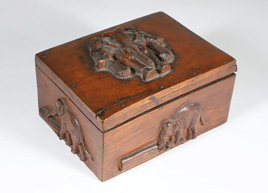 Folk Art Lift Top Box with Carved Elephant Motifs on Five Sides