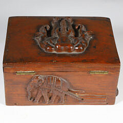 Vintage Folk Art Lift Top Box with Carved Elephant Motifs on Five Sides