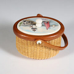 Miniature Oval Nantucket Basket with Polychrome Scrimshaw “Brant Point Lighthouse” Lid