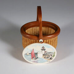 Miniature Oval Nantucket Basket with Polychrome Scrimshaw “Brant Point Lighthouse” Lid