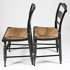 Pair of Signed Black Stencilled Hitchcock Rush Seat Side Chairs