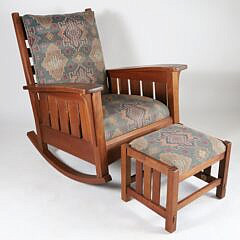 Branded Stickley Upholstered Rocker and Stool