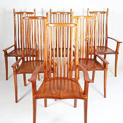 Set of Six Signed Stephen Swift High Back cherry Dining Chairs Circa 1994, Comprising 4 low-arm chairs and 2 high arm chairs, signed underneath Stephen Swift 1994.