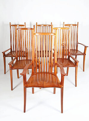 Set of Six Signed Stephen Swift High Back cherry Dining Chairs Circa 1994, Comprising 4 low-arm chairs and 2 high arm chairs, signed underneath Stephen Swift 1994.