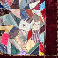 Antique Crazy Patchwork Quilt with Burgundy Velvet Border and Chintz Back, 19th Century