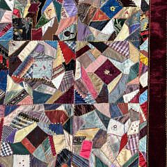 Antique Crazy Patchwork Quilt with Burgundy Velvet Border and Chintz Back, 19th Century