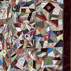 Antique Crazy Patchwork Quilt with Burgundy Velvet Border and Chintz Back, 19th Century