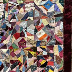Antique Crazy Patchwork Quilt with Burgundy Velvet Border and Chintz Back, 19th Century