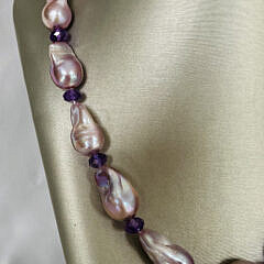 14mm-23mm Natural Lavender Hue Fresh Water Baroque Pearl and Amethyst Bead Necklace