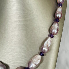 14mm-23mm Natural Lavender Hue Fresh Water Baroque Pearl and Amethyst Bead Necklace