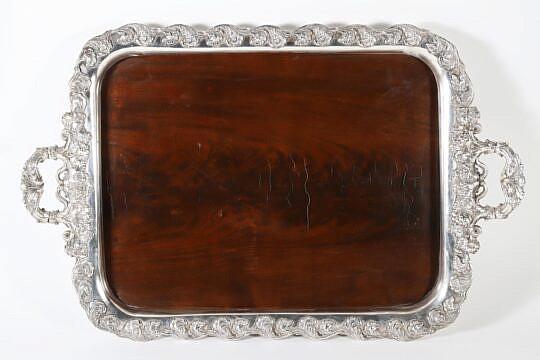 Silver Plated and Mahogany Serving Tray, 19th Century