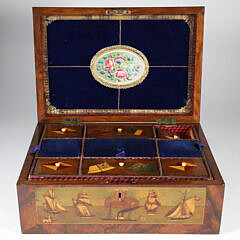 Fine Trinity House Inlaid Sewing Box with Depictions of 10 Ships Including the Lightship Nore, 19th Century