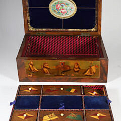 Fine Trinity House Inlaid Sewing Box with Depictions of 10 Ships Including the Lightship Nore, 19th Century