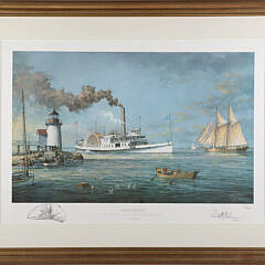 Paul Mcgehee Limited Edition Lithograph Titled "Nantucket The Sidewheel Steamboat Nantucket Passing Brant Point Lighthouse in 1908"