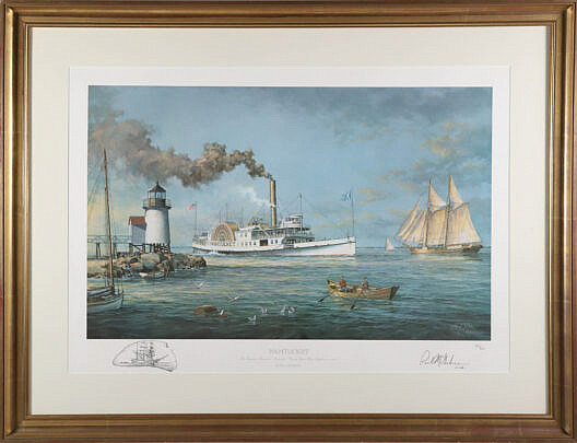 Paul Mcgehee Limited Edition Lithograph Titled "Nantucket The Sidewheel Steamboat Nantucket Passing Brant Point Lighthouse in 1908"