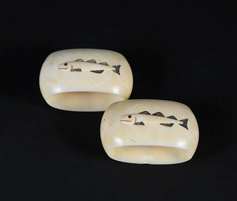 Pair of Eskimo Scrimshaw Antique Walrus Ivory Napkin Rings