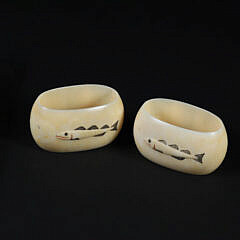 Pair of Eskimo Inuit Scrimshaw Antique Walrus Ivory Napkin Rings Depicting a Fish