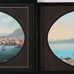 Pair of Vintage Neapolitan Gouache Depicting Active Harbor Scene and Mt. Vesuvius