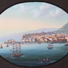 Pair of Vintage Neapolitan Gouache Depicting Active Harbor Scene and Mt. Vesuvius