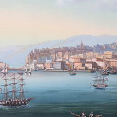 Pair of Vintage Neapolitan Gouache Depicting Active Harbor Scene and Mt. Vesuvius