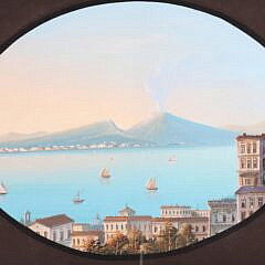 Pair of Vintage Neapolitan Gouache Depicting Active Harbor Scene and Mt. Vesuvius