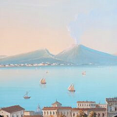Pair of Vintage Neapolitan Gouache Depicting Active Harbor Scene and Mt. Vesuvius