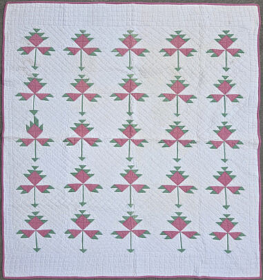 Vintage Pink and Green English Ivy Pattern Quilt, circa 1930s