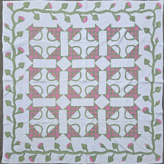 Vintage Pink and Green Basket patchwork Quilt, Circa 1930s