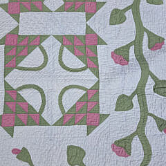 Vintage Pink and Green Basket Patchwork Quilt, circa 1930s