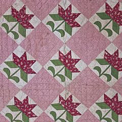 Antique Red and Green Calico Oak Leaf Patchwork Quilt, 19th Century