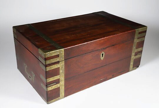 Elaborate Brass Bound Mahogany Traveling Desk Box, 19th Century