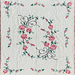 Vintage Pink Roses and Grey Ribbon Applique Quilt, Circa 1940s