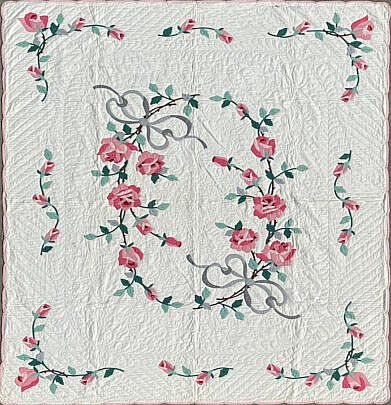 Vintage Pink Roses and Grey Ribbon Applique Quilt, Circa 1940s