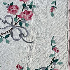 Vintage Pink Roses and Grey Ribbon Applique Quilt, circa 1940s