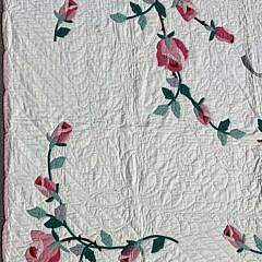 Vintage Pink Roses and Grey Ribbon Applique Quilt, circa 1940s