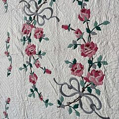Vintage Pink Roses and Grey Ribbon Applique Quilt, circa 1940s