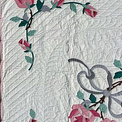 Vintage Pink Roses and Grey Ribbon Applique Quilt, circa 1940s
