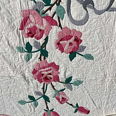 Vintage Pink Roses and Grey Ribbon Applique Quilt, circa 1940s