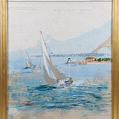 Kerry Hallam Acrylic on Nantucket Sound Chart "Sailboats Rounding Brant Point"