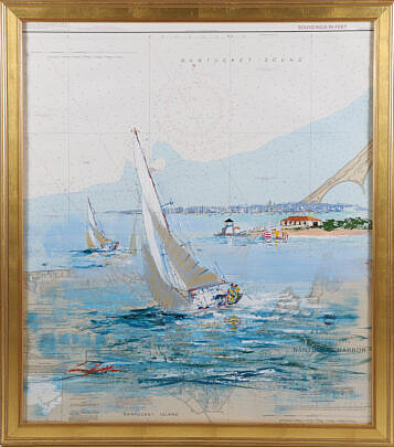 Kerry Hallam Acrylic on Nantucket Sound Chart "Sailboats Rounding Brant Point"