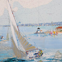Kerry Hallam Acrylic on Nantucket Sound Chart “Sailboats Rounding Brant Point”