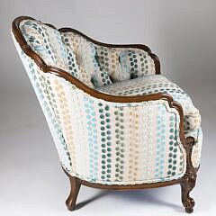French Carved and Polka Dot Upholstered Tub Chair